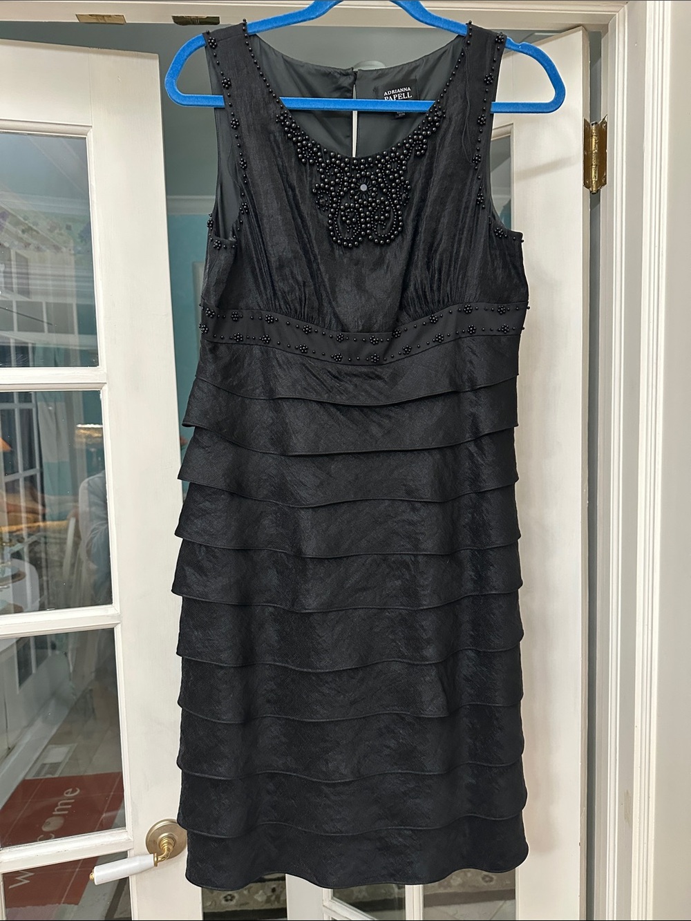 Adrianna Papell Black Beaded Tiered Cocktail Dress